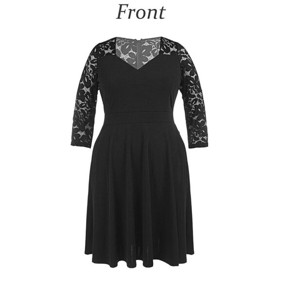 Women's V-Neck Back Zip Lace 3/4 Sleeve Knee Length A-Line Skater Dress - Picture 4 of 6